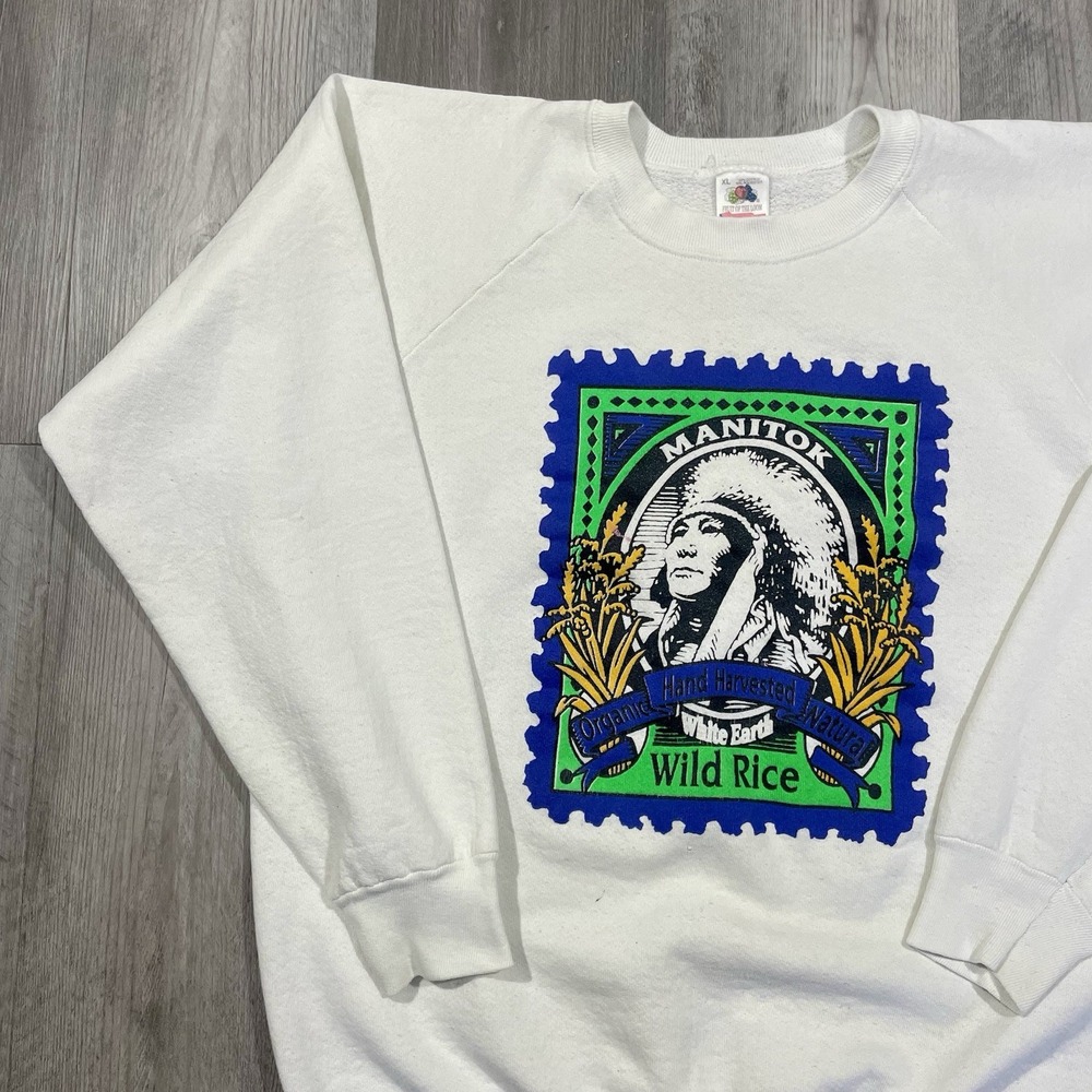 Vintage 90s Manitok Tribe Organic Wild Rice Sz Large Native American Sweatshirt